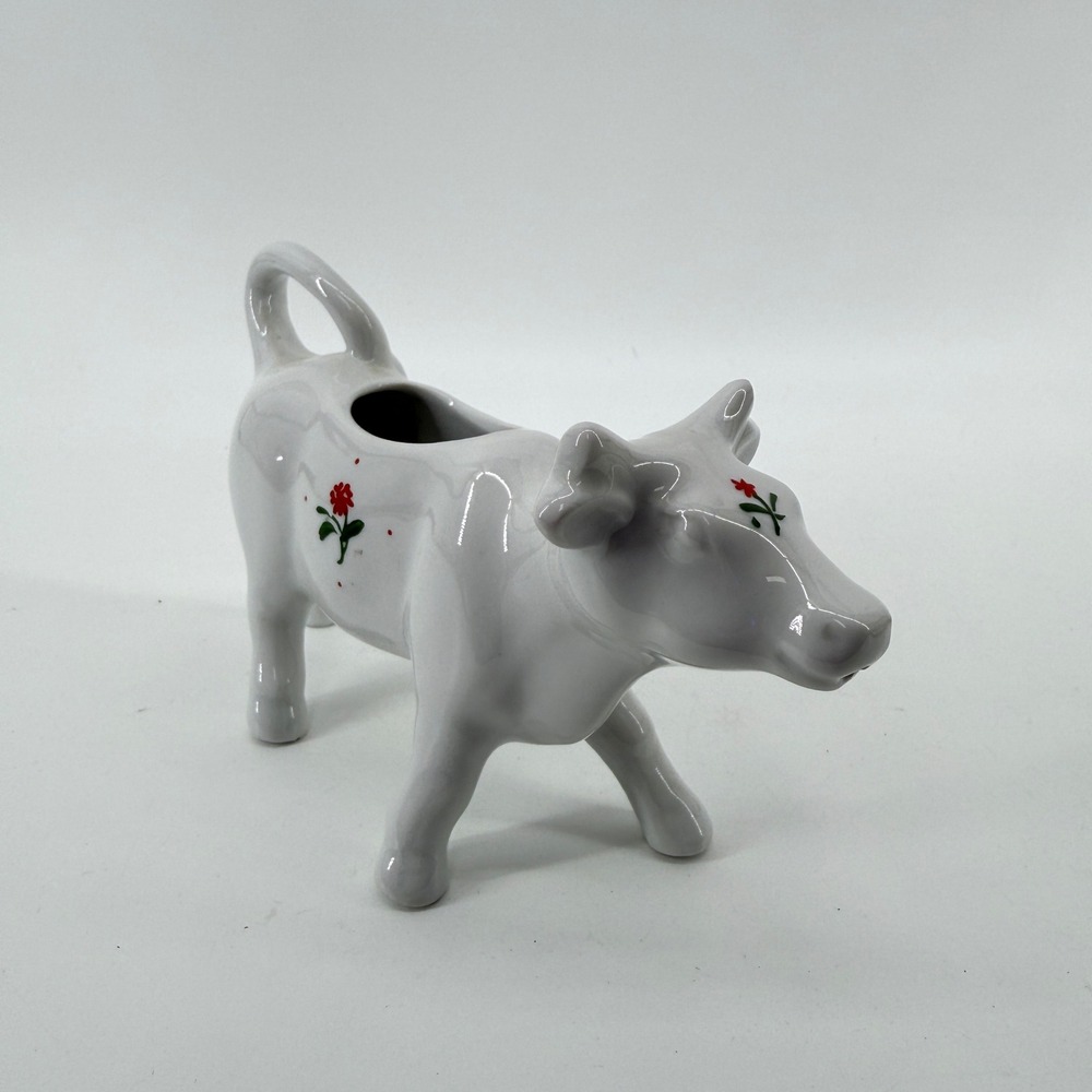 Vintage Cow Creamer Pitcher Floral Accents Ceramic White Floral